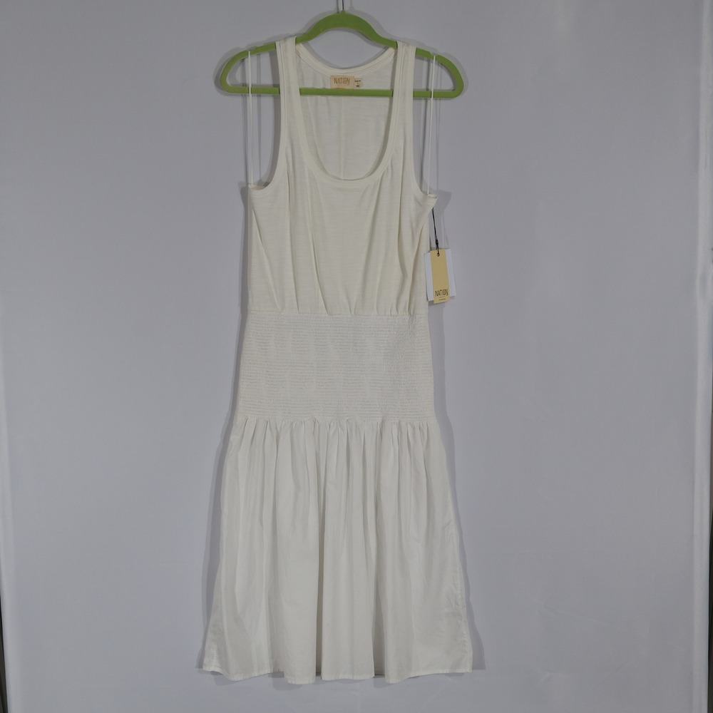 Nation LTD Tank Dress Womens Large White Smocked Cotton Ruffle Boho NWT